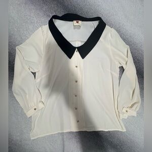 One Clothing Women’s Cream Black Peter Pan‎ Collar Blouse Top Small Medium S M